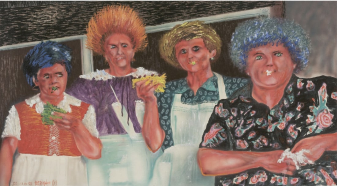 Asszonyok, milyen a torta?, 1984, olaj, vászon, 101 × 180 cm